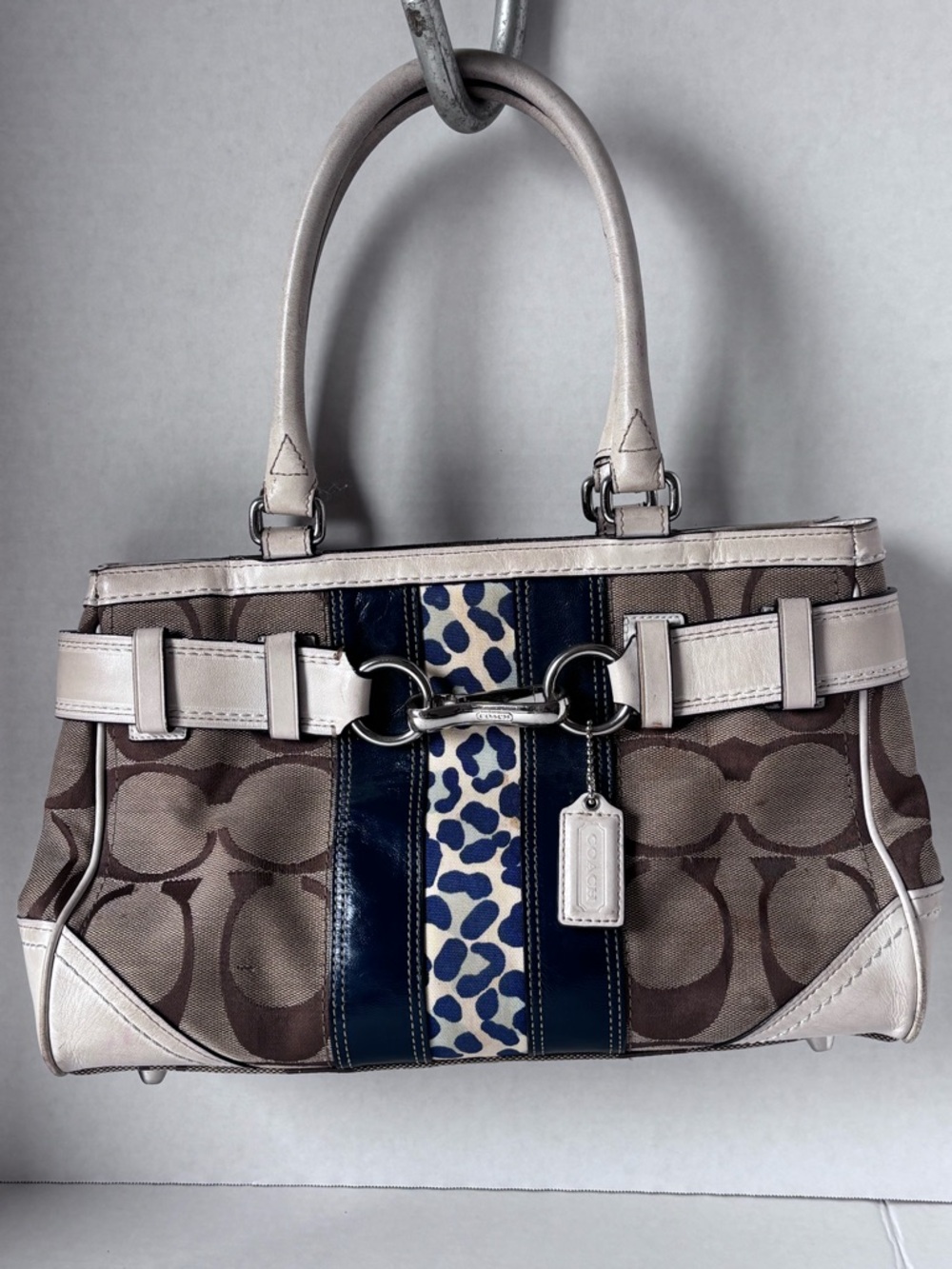 Coach Signature Canvas Satchel with Navy Leopard Stripe - Taupe/White